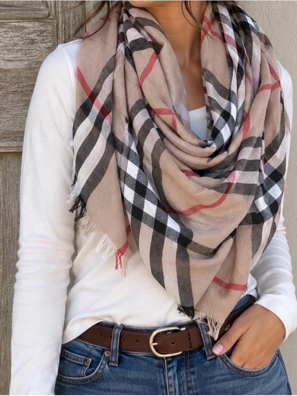 V. FRAAS Beige Plaid Scarf with Black, White and Red Stripes